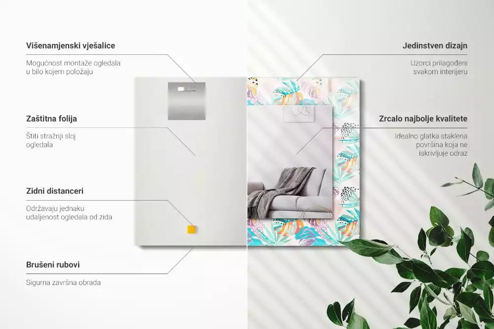 Obdélníkové dekorační zrcadlo na zeď barevné tropické listy