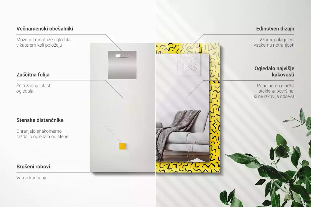 Obdélníkové zrcadlo rám s potiskem žlutý abstraktní vzor