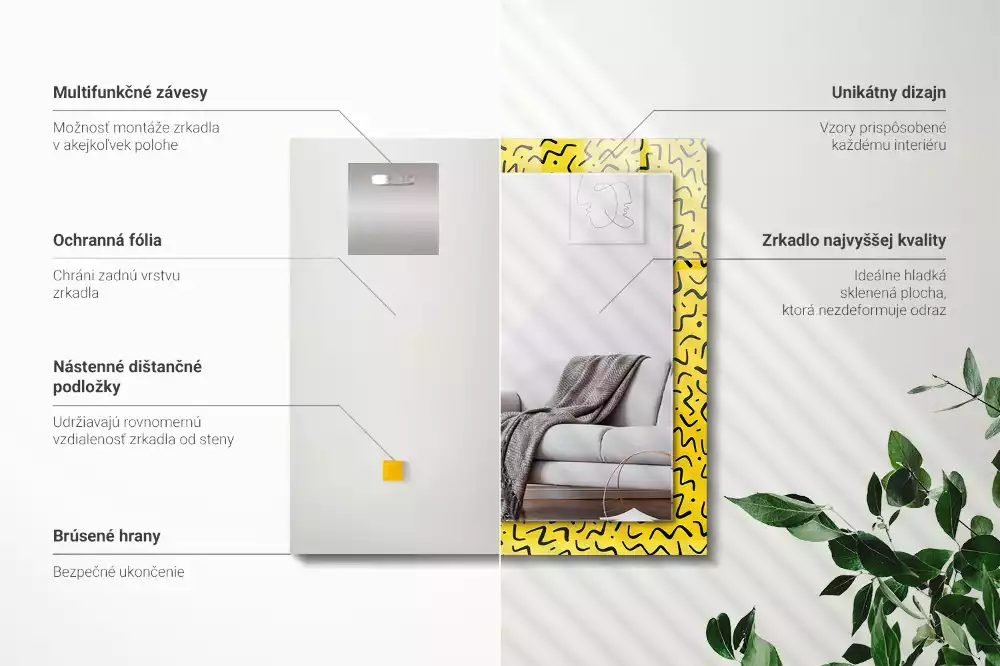 Obdélníkové zrcadlo rám s potiskem žlutý abstraktní vzor