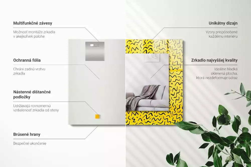 Obdélníkové zrcadlo rám s potiskem žlutý abstraktní vzor