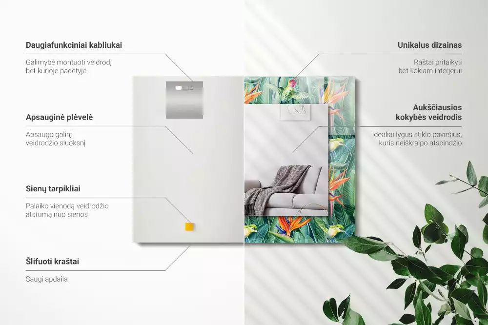 Obdélníkové zrcadlo s dekorem kolibříci s květinami