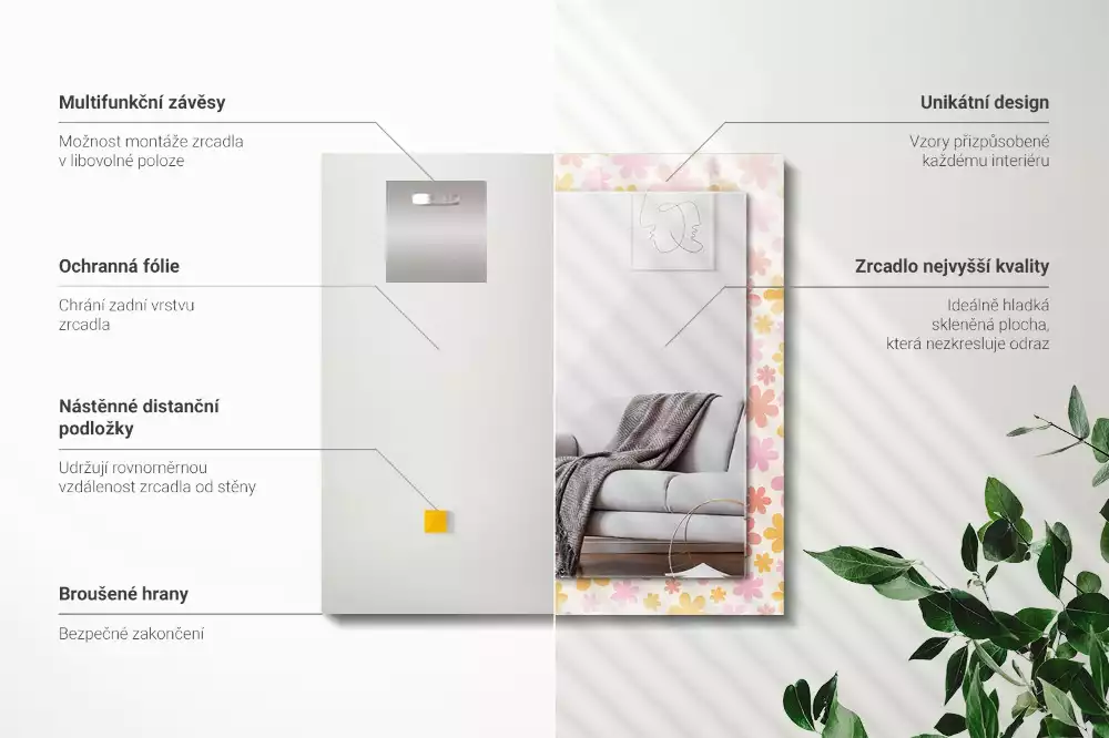 Obdélníkové dekorační zrcadlo na zeď květinový vzor