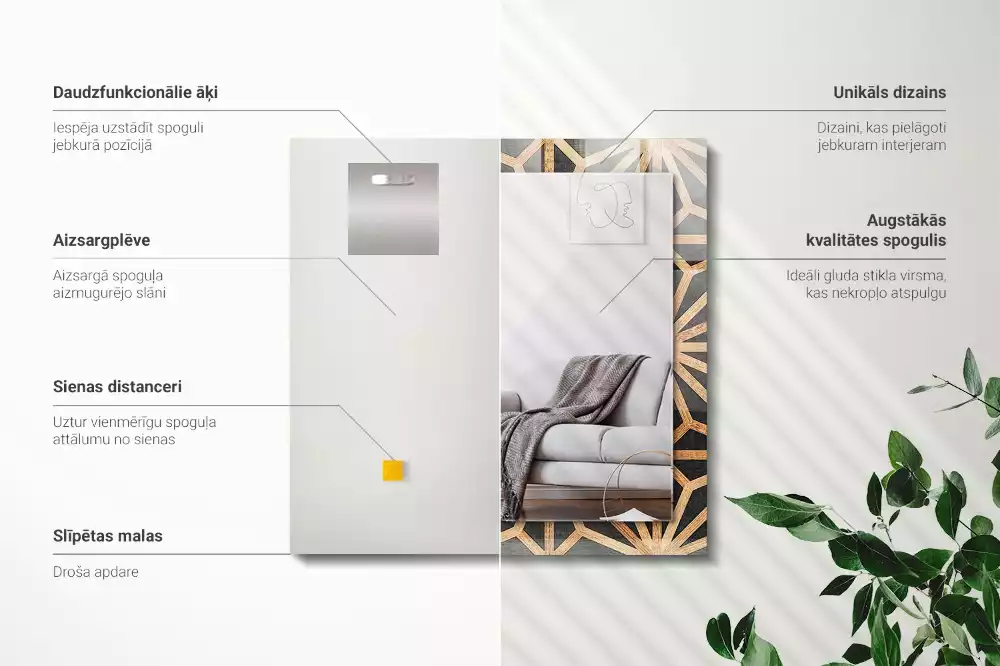 Obdélníkové zrcadlo rám s potiskem dřevěný geometrický vzor