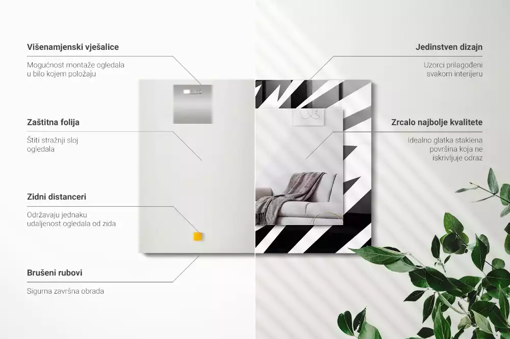 Obdélníkové zrcadlo rám s potiskem černobílá geometrie