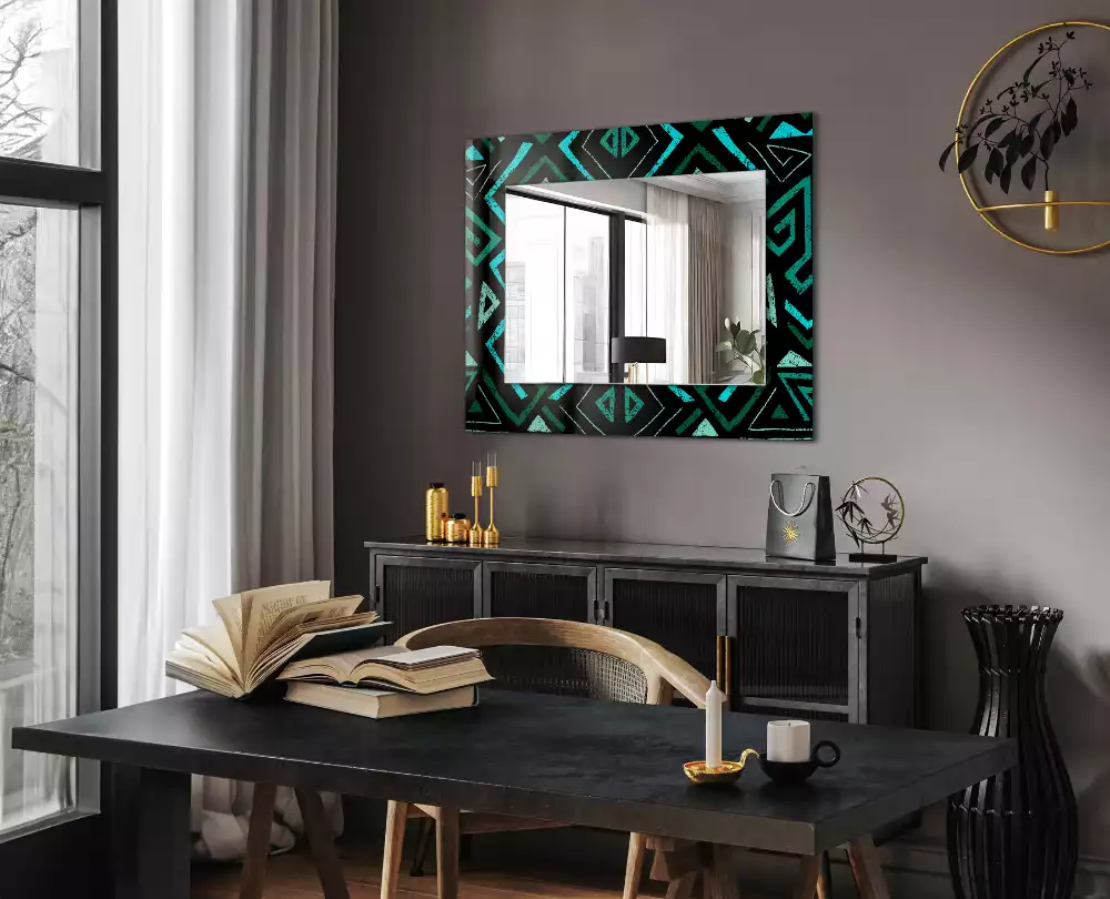 Obdélníkové zrcadlo s dekorem tyrkysový geometrický vzor
