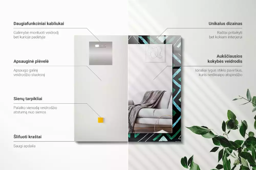 Obdélníkové zrcadlo s dekorem tyrkysový geometrický vzor