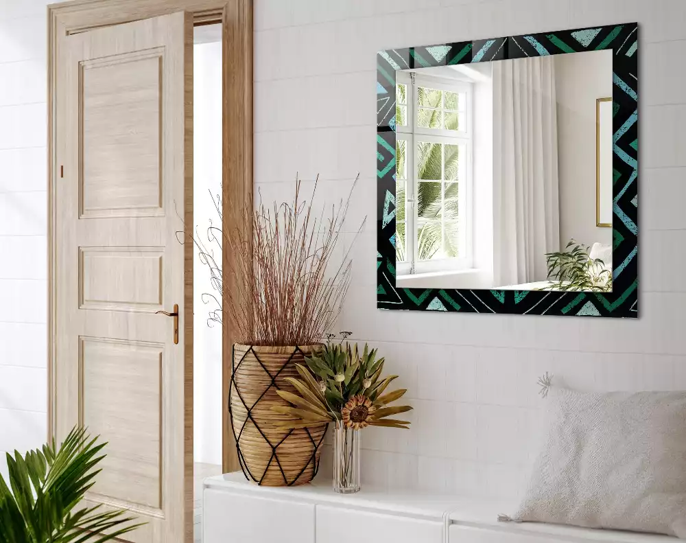 Obdélníkové zrcadlo s dekorem tyrkysový geometrický vzor