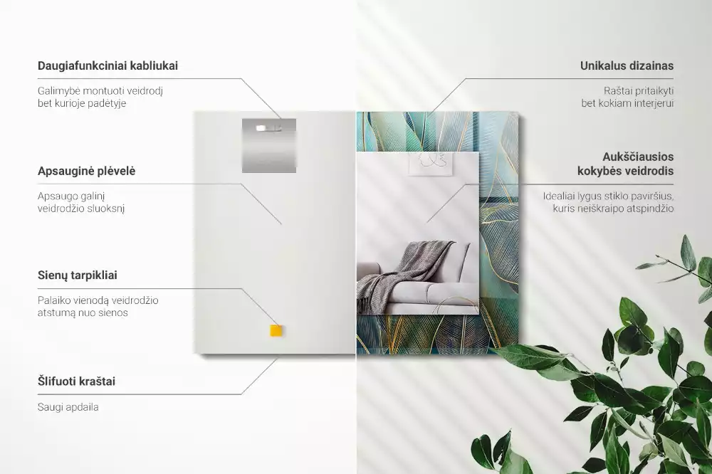 Obdélníkové dekorační zrcadlo na zeď linie listů