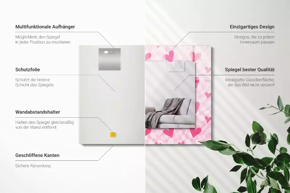 Obdélníkové zrcadlo s dekorem růžová srdíčka