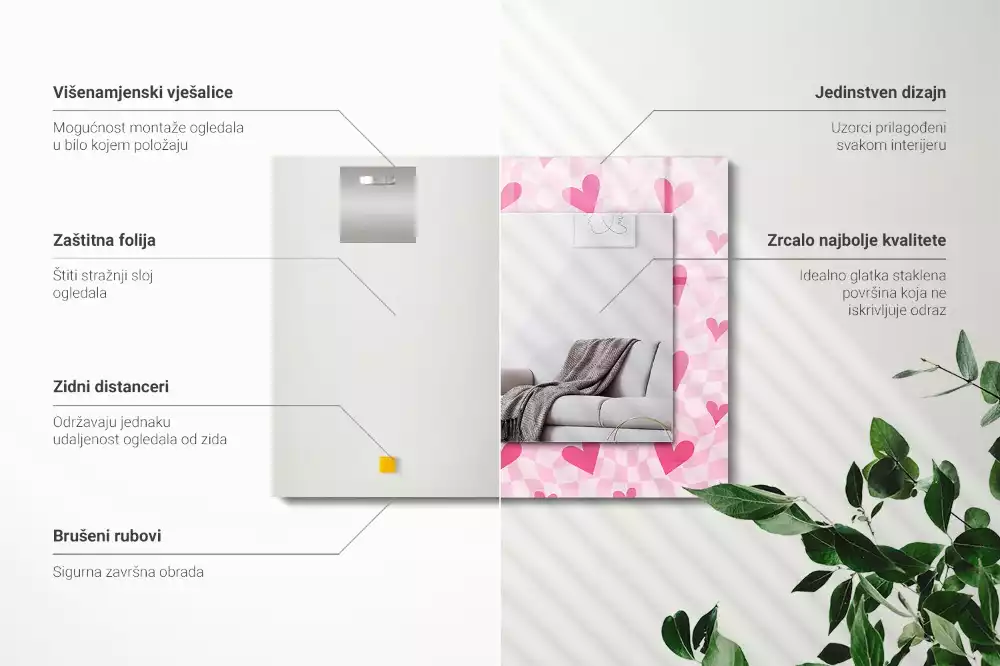 Obdélníkové zrcadlo s dekorem růžová srdíčka