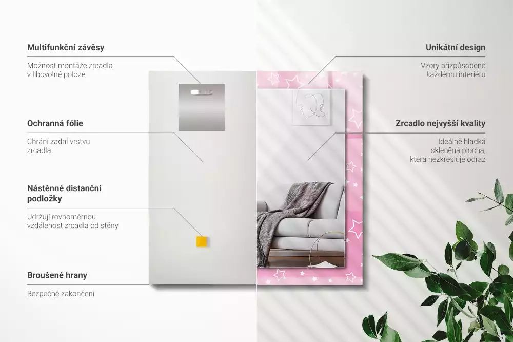 Obdélníkové dekorační zrcadlo na zeď růžové hvězdičky