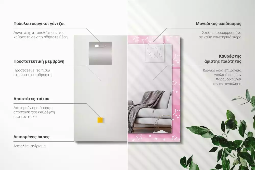 Obdélníkové dekorační zrcadlo na zeď růžové hvězdičky