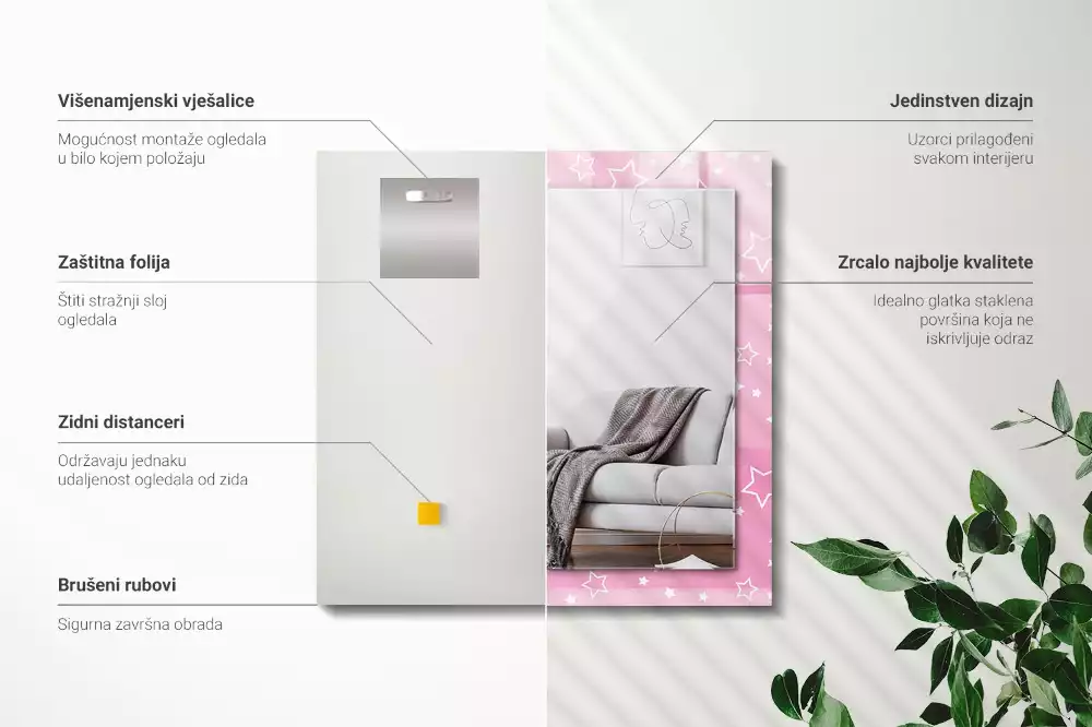 Obdélníkové dekorační zrcadlo na zeď růžové hvězdičky