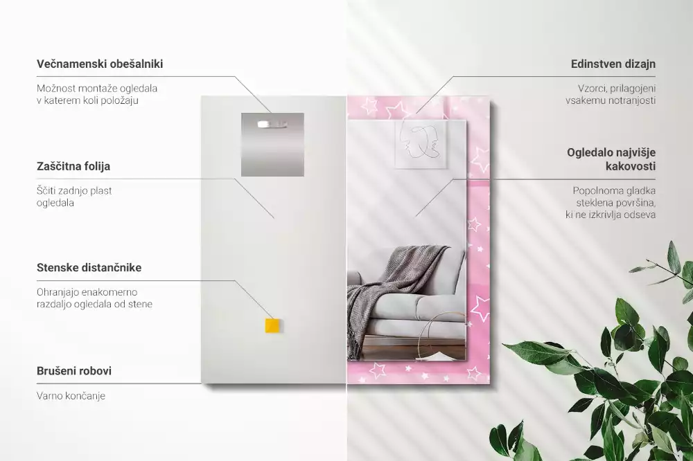Obdélníkové dekorační zrcadlo na zeď růžové hvězdičky