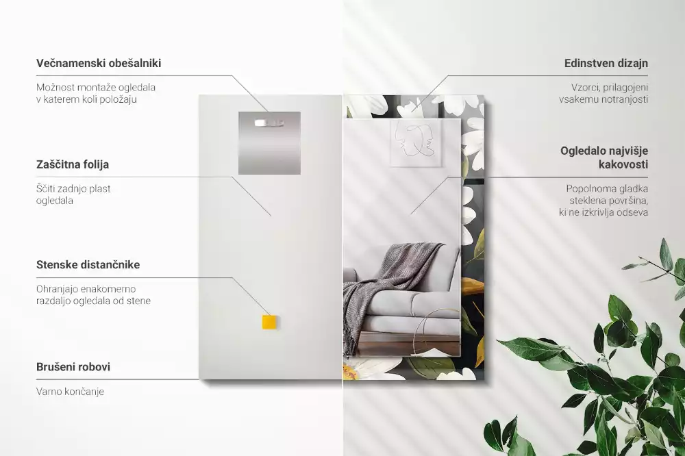 Obdélníkové zrcadlo rám s potiskem bílé sedmikrásky s listy