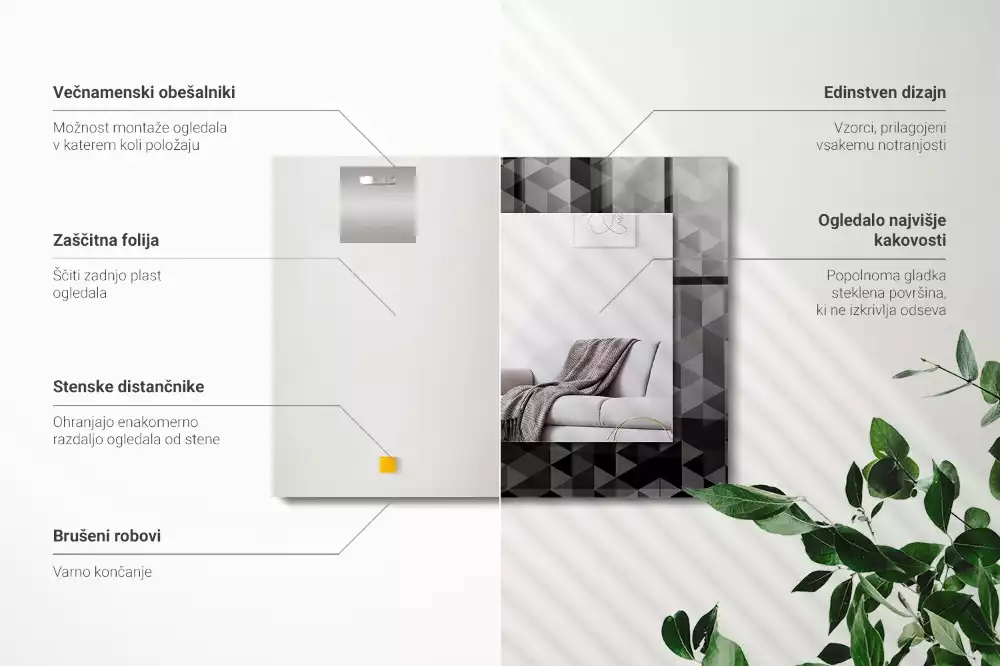 Obdélníkové zrcadlo rám s potiskem černo-šedé trojúhelníky