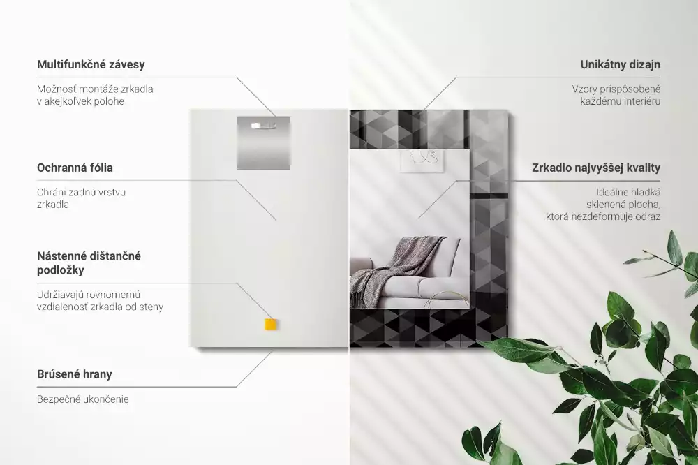 Obdélníkové zrcadlo rám s potiskem černo-šedé trojúhelníky
