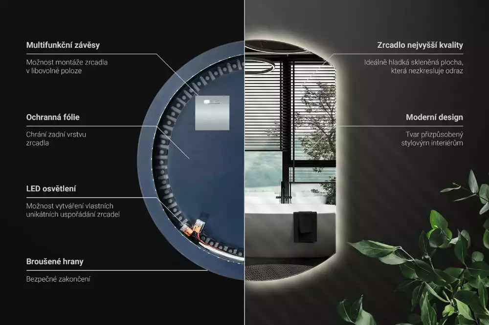 Kruhové zkrácené zrcadlo s moderním LED podsvícením
