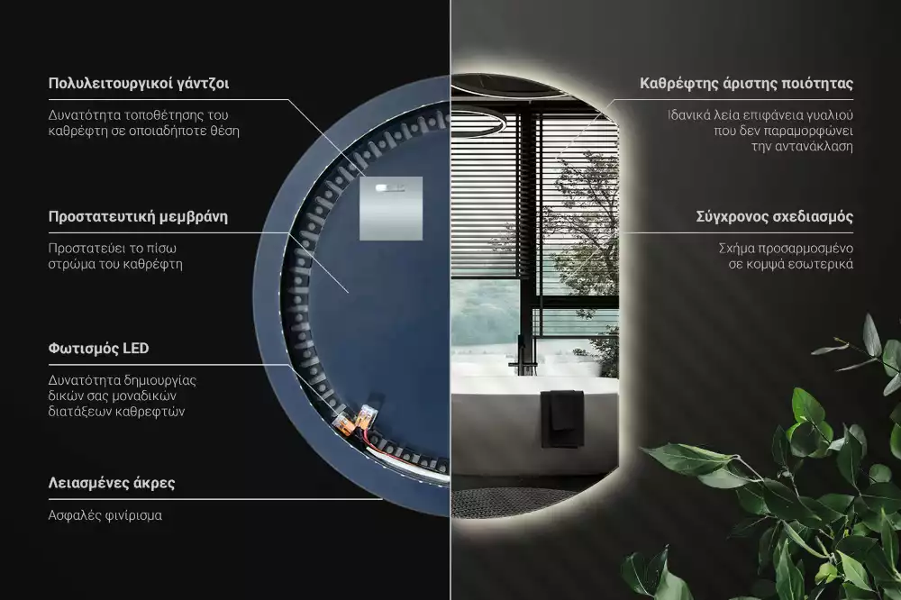 Kruhové zkrácené zrcadlo s moderním LED podsvícením
