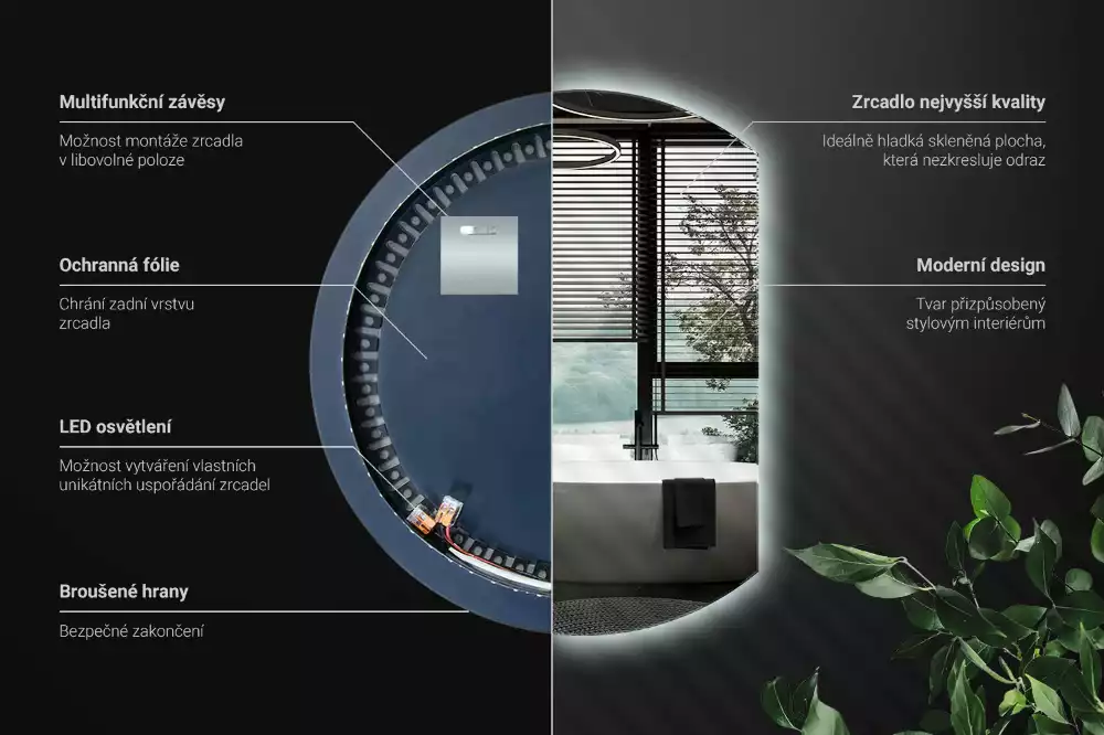 Kruhové zkrácené zrcadlo s moderním LED podsvícením