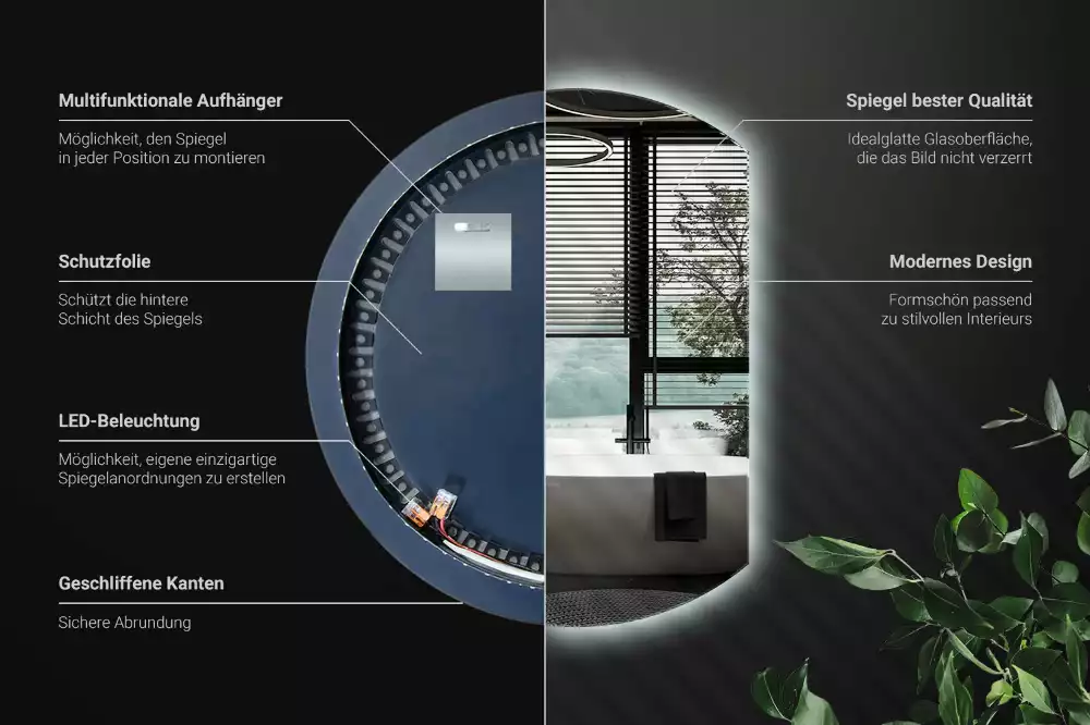 Kruhové zkrácené zrcadlo s moderním LED podsvícením