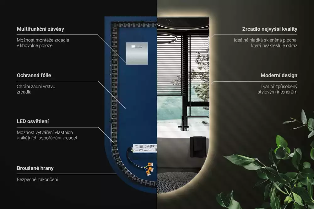 Polooválné zrcadlo s moderním podsvícením