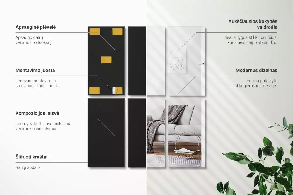 Obdélníkové samolepící zrcadlové dlaždice jako minimalistická dekorace