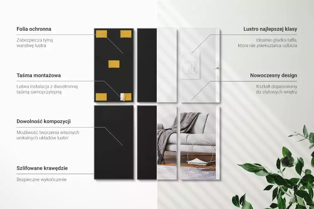 Obdélníkové samolepící zrcadlové dlaždice jako minimalistická dekorace