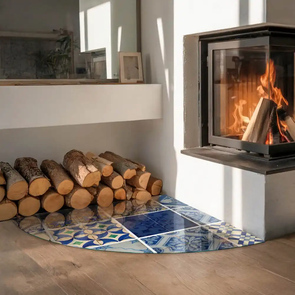 Sklo před kamna ve tvaru čtvrtkruhu stylové designy inspirované keramikou