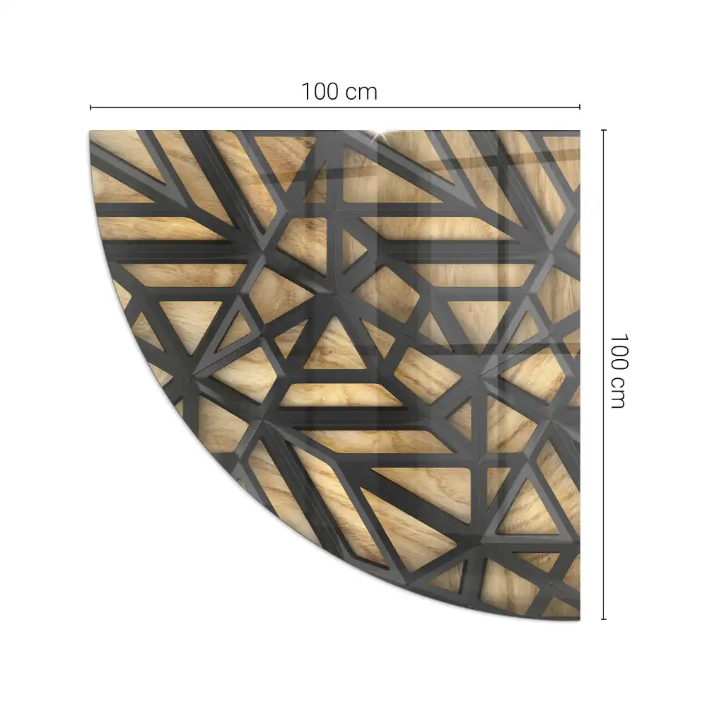 Sklo před kamna ve tvaru čtvrtkruhu geometrické vzory s dřevěným pozadím