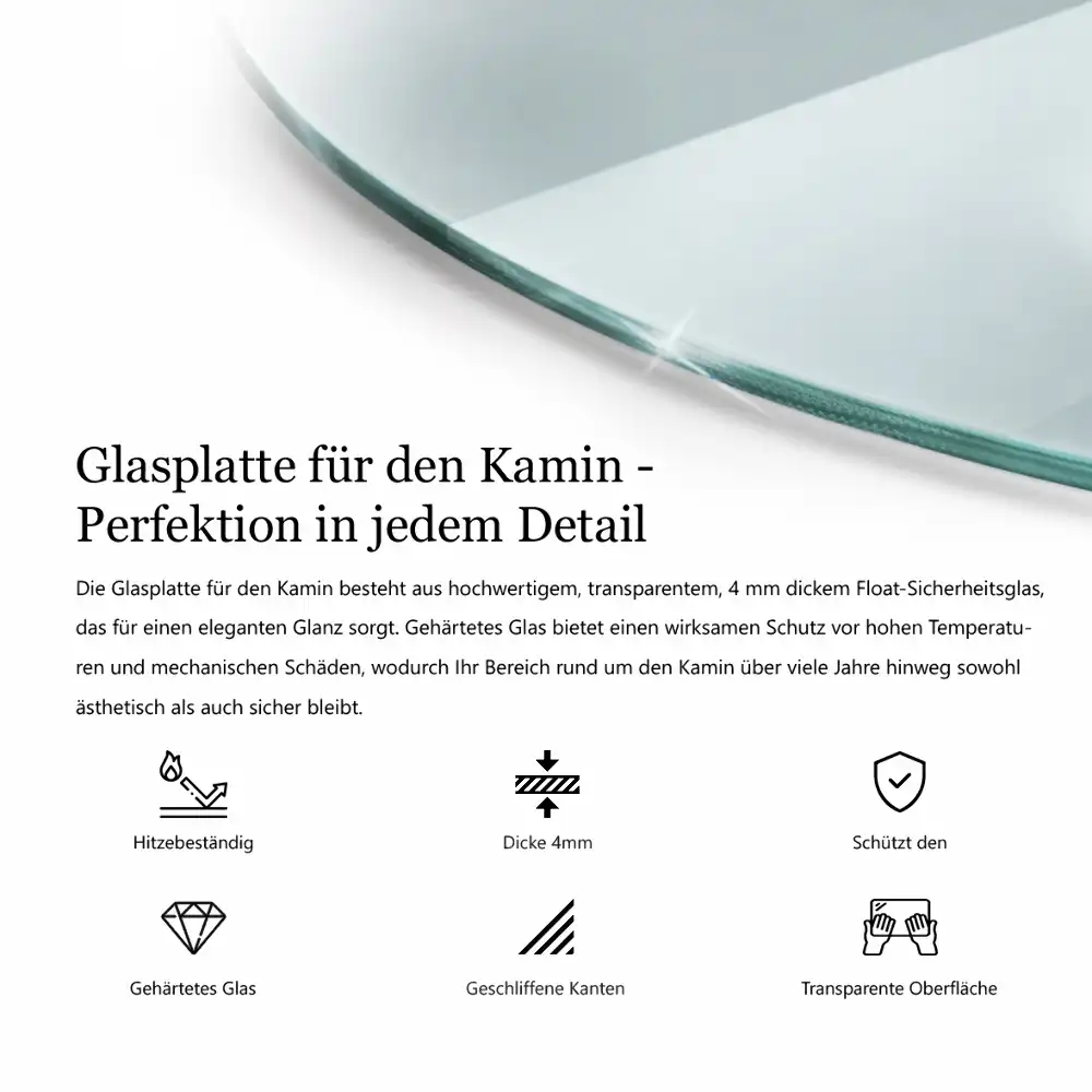 Transparentní čtvrťkruhové sklo před krb