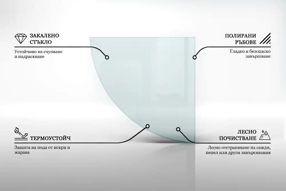 Transparentní čtvrťkruhové sklo před krb