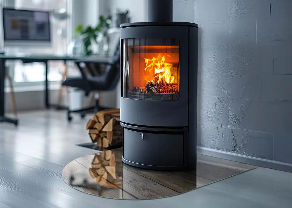 Půloválná skleněná podložka pod krb s motivem desek v harmonickém uspořádání