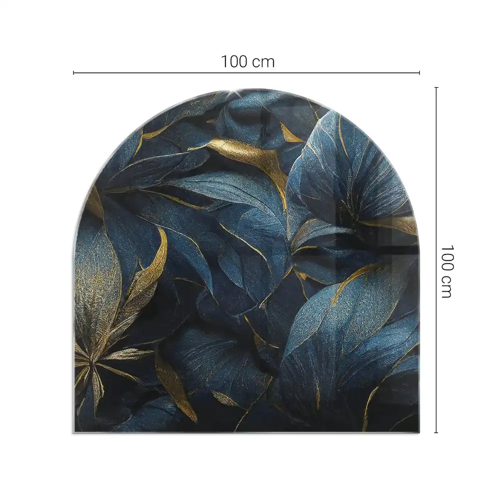 Půloválné skleněné podkladové sklo pod krb s motivem elegantních listů