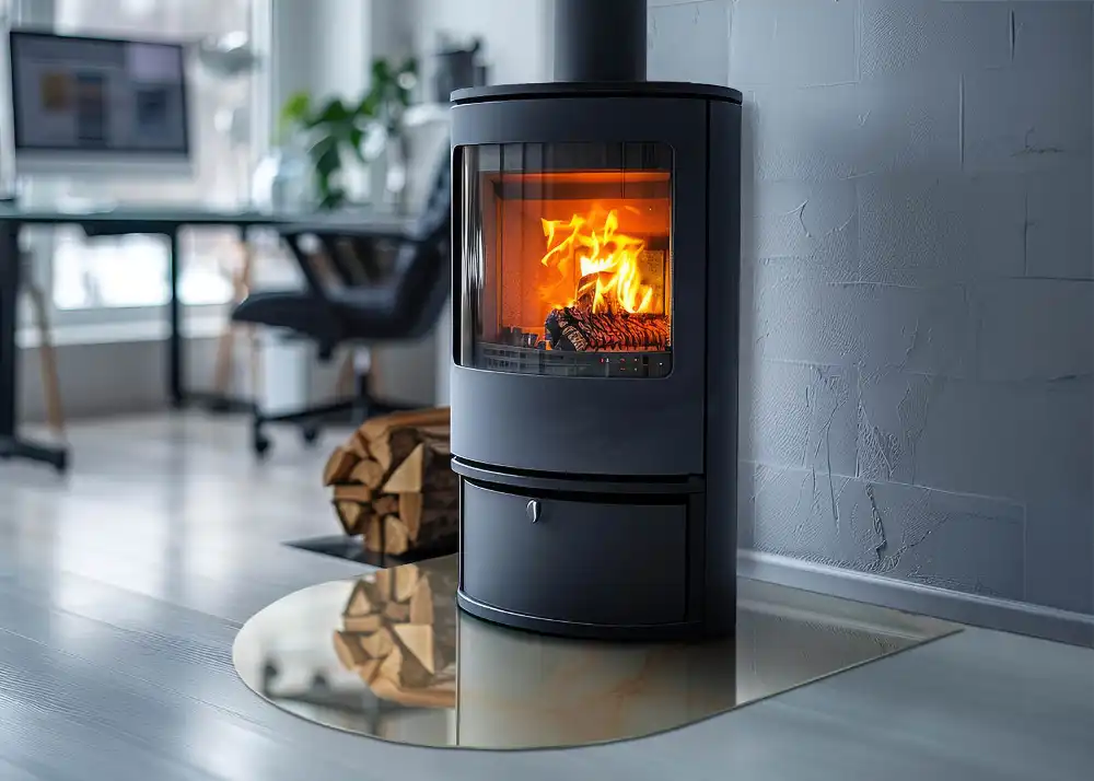 Půloválné sklo před krbovou vložku s abstraktním mramorovým designem