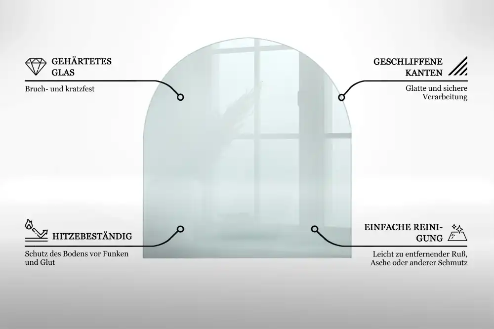 Transparentní tvrzené sklo pod krbová kamna ve tvaru půlkruhu