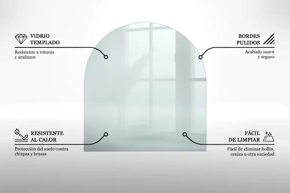 Transparentní tvrzené sklo pod krbová kamna ve tvaru půlkruhu