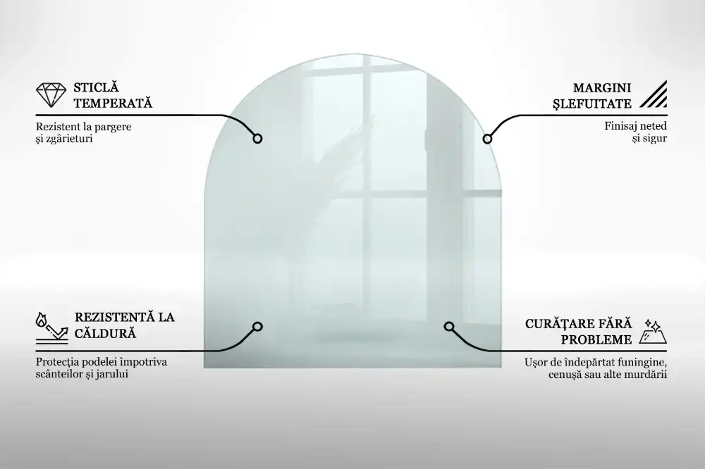 Transparentní tvrzené sklo pod krbová kamna ve tvaru půlkruhu