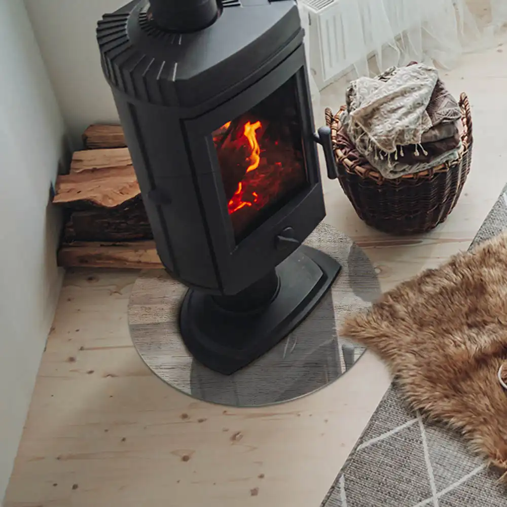 Kulaté tvrzené sklo pod krbová kamna přírodní světlý dřevěný vzor