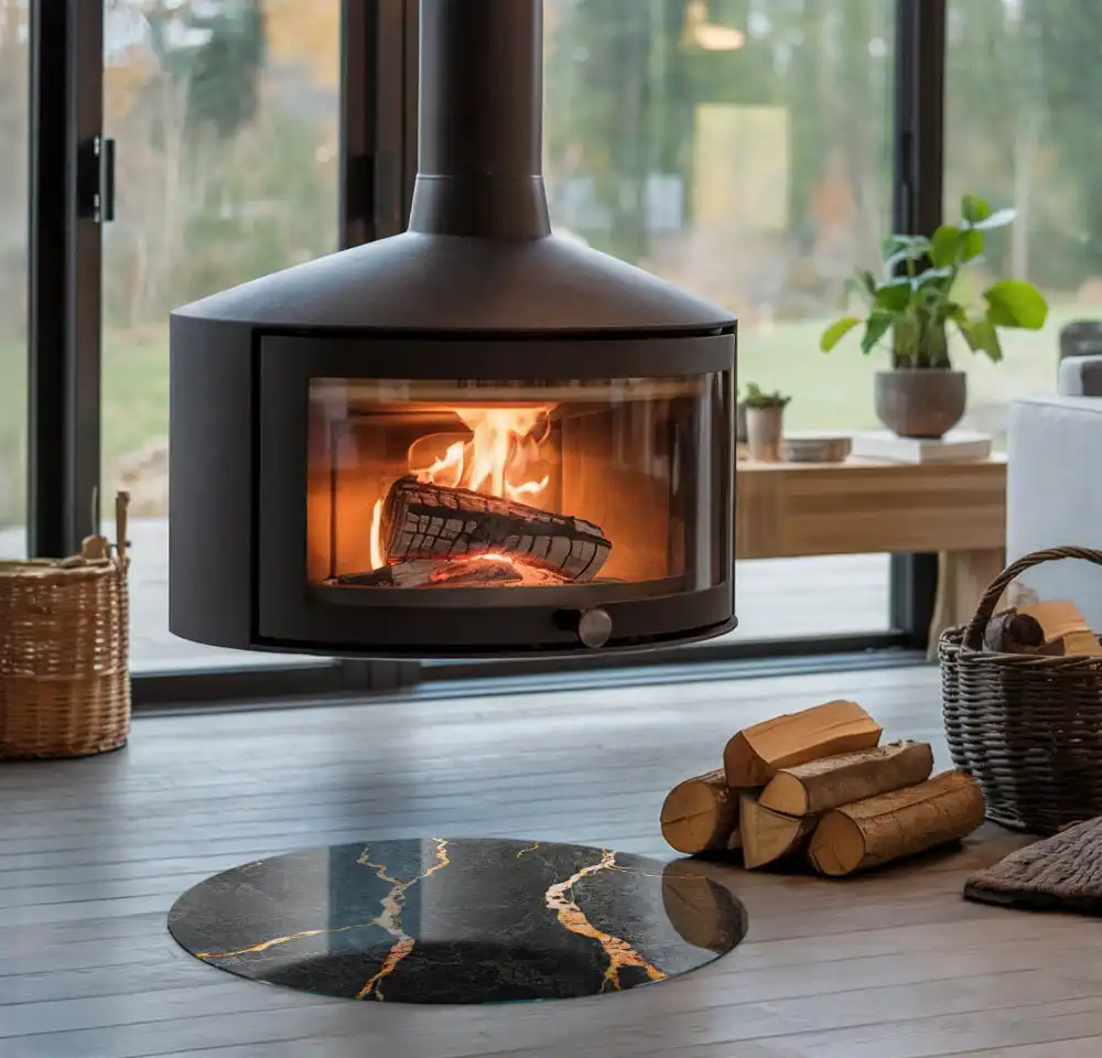 Kulatá podložka před krb v mramorovém designu s jemným žilkováním