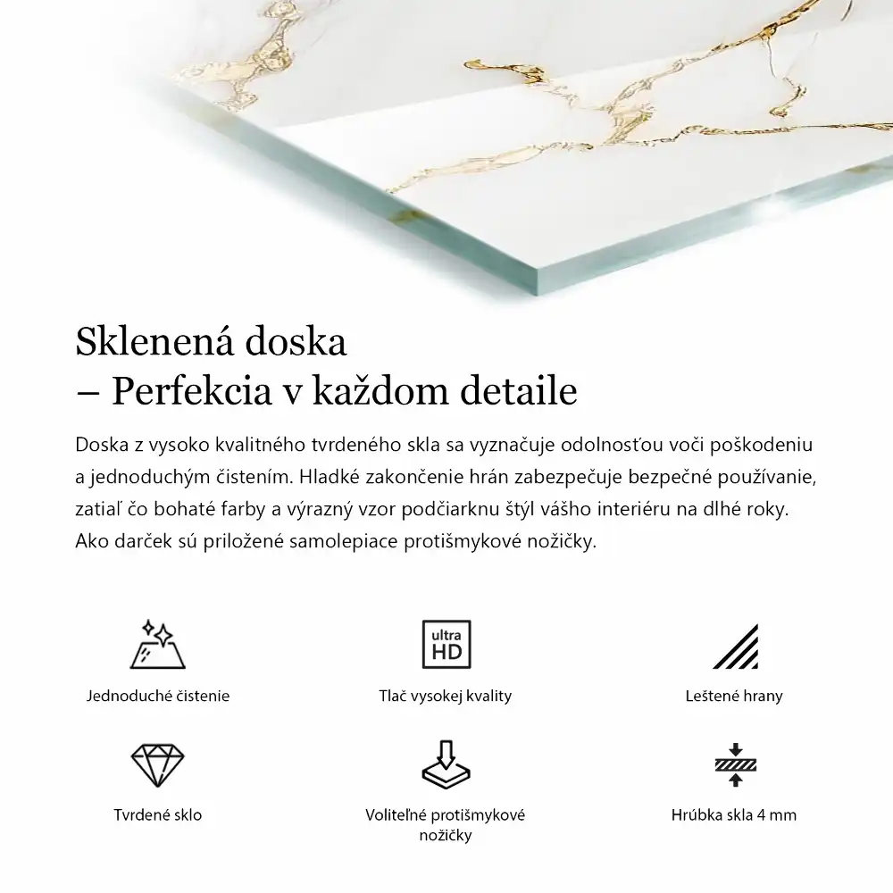 Obdélníková skleněná deska na stůl s motivem mramoru a jemnými žilkami