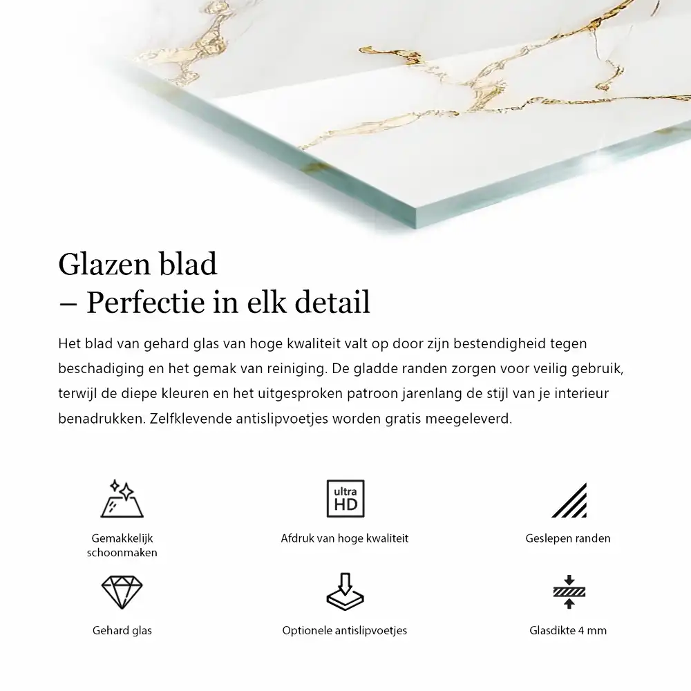 Obdélníková skleněná deska na stůl s motivem mramoru a jemnými žilkami