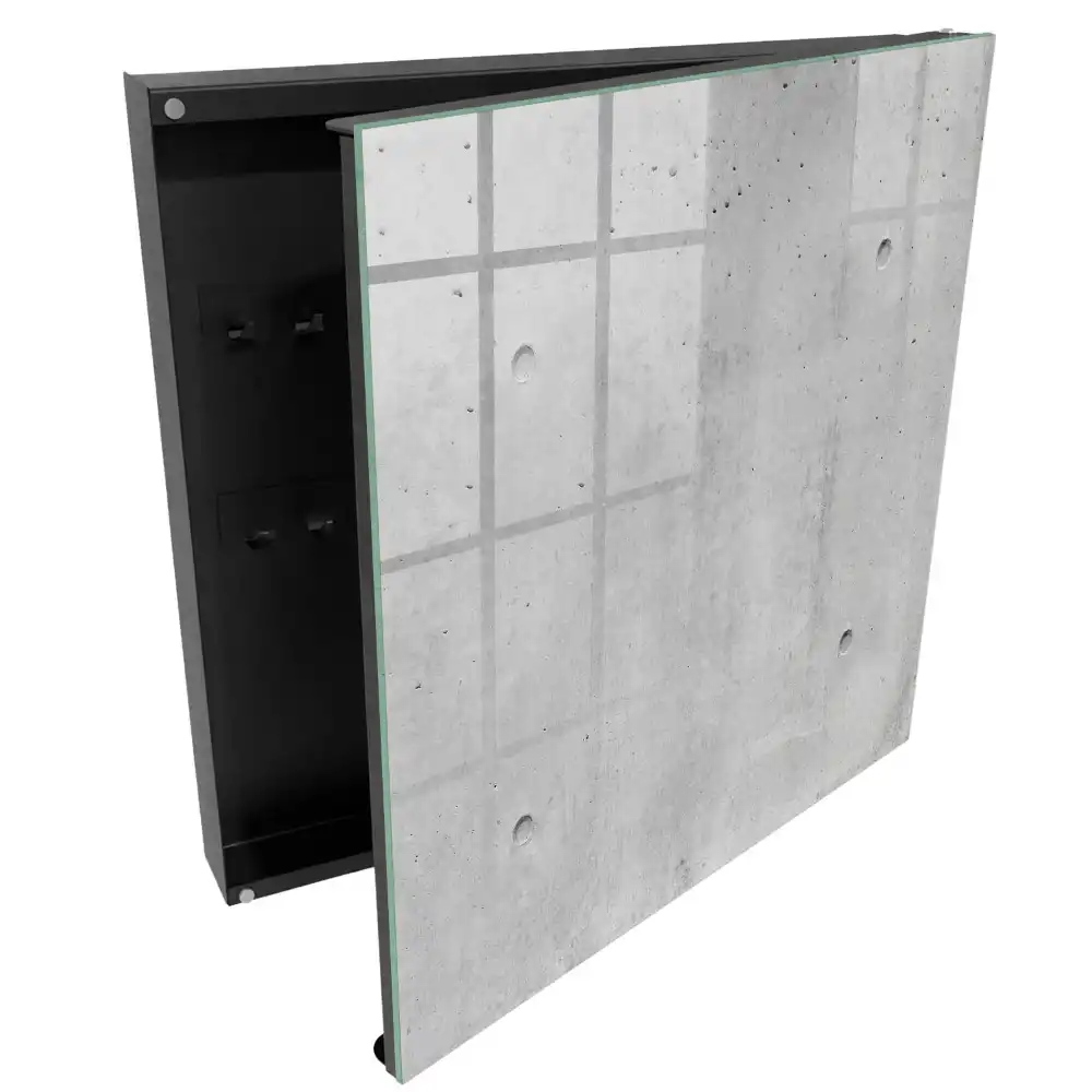 Nástěnná skříňka na klíče v minimalistickém designu se vzhledem surového betonu v šedých odstínech