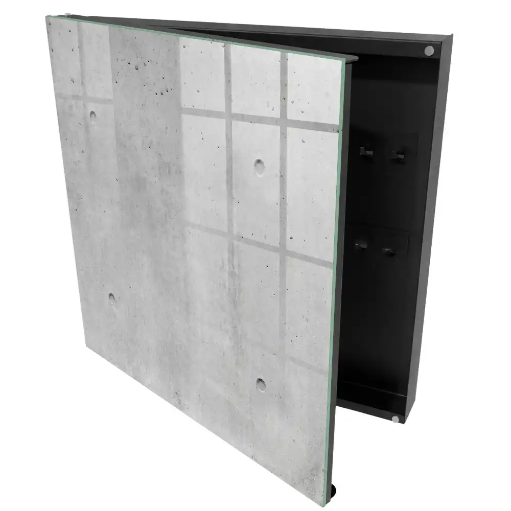 Nástěnná skříňka na klíče v minimalistickém designu se vzhledem surového betonu v šedých odstínech