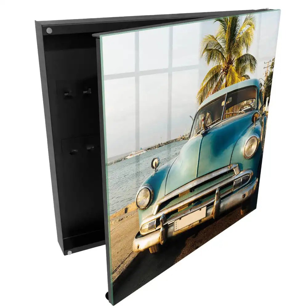 Nástěnný box na klíče s motivem retro auta u moře a palem