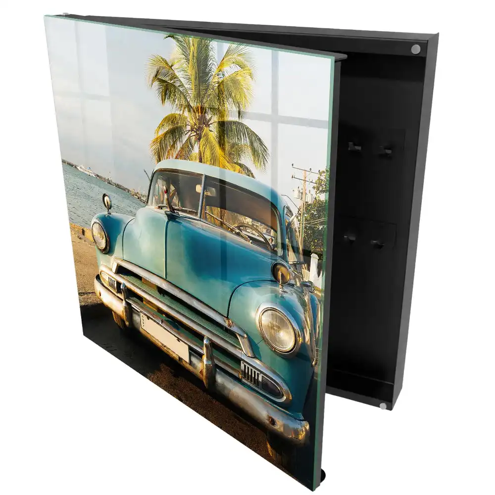 Nástěnný box na klíče s motivem retro auta u moře a palem