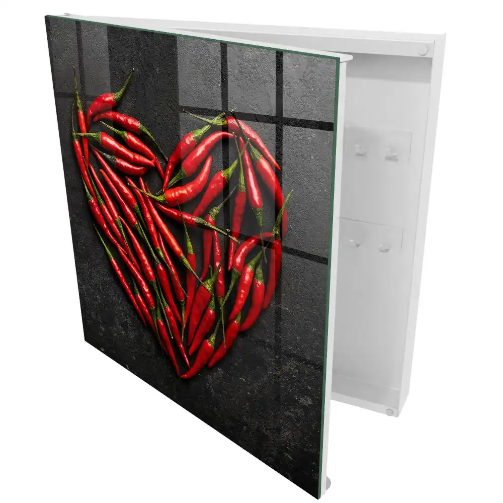 Nástěnná skříňka na klíče s motivem chilli papriček ve tvaru srdce