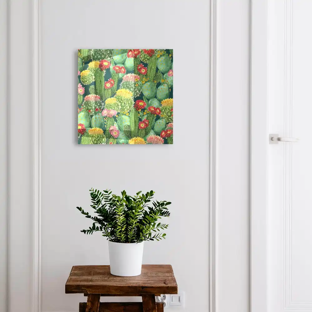 Box na klíče s motivem barevných kaktusů na tmavém pozadí