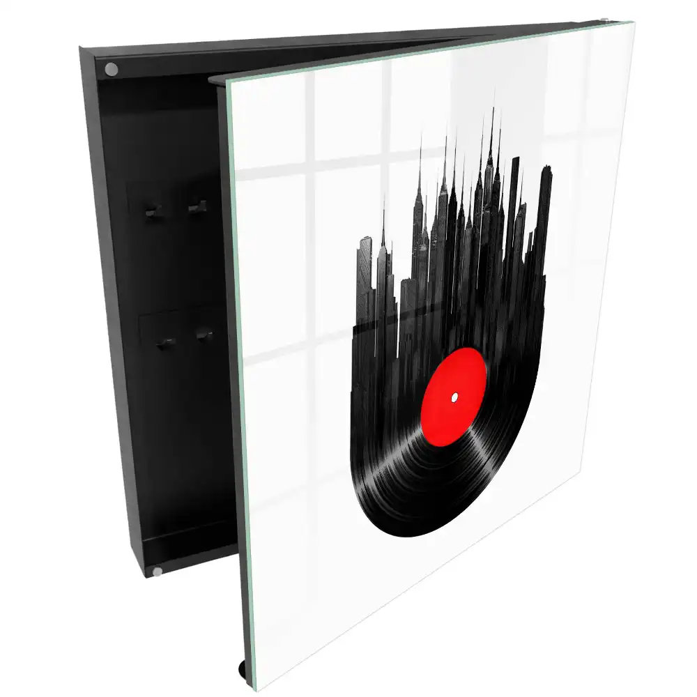 Box na klíče s motivem městských mrakodrapů z černého vinylu