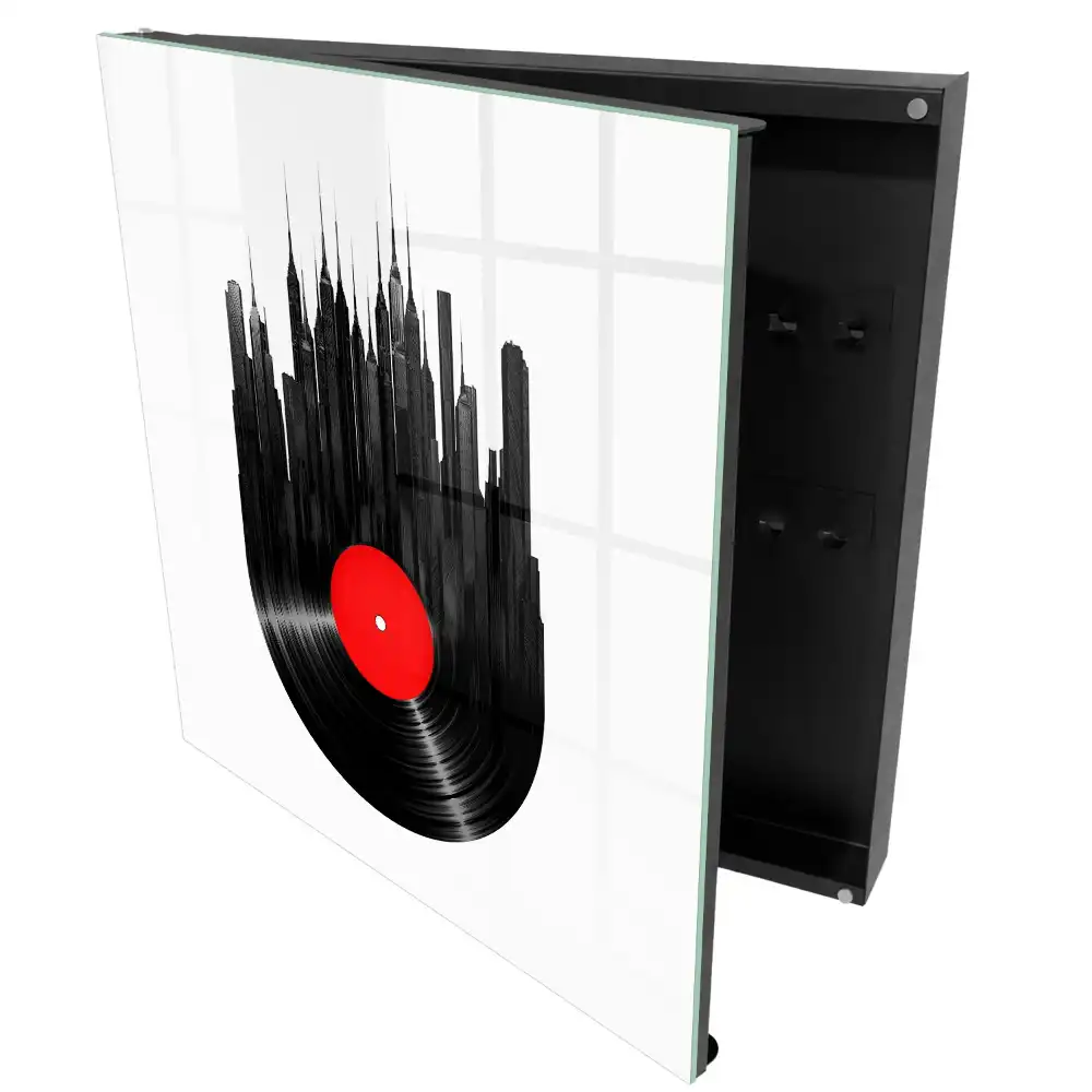 Box na klíče s motivem městských mrakodrapů z černého vinylu